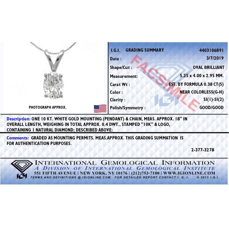 Bids.com IGI Certified 10K White Gold 3/8 cttw Prong Set Diamond Oval Pendant Necklace (I-J Color, I1 Clarity) - Size 18" Necklaces White Smoke White.Gold / 18