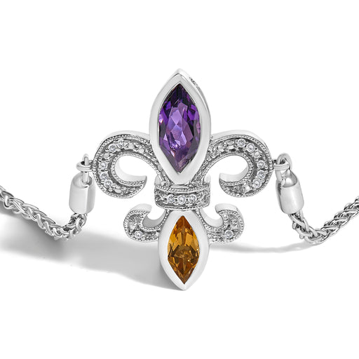 Bids.com .925 Sterling Silver Marquise Purple Amethyst, Orange Citrine, and Diamond Accent Lariat 4â€-10â€ Fleur De Lis Adjustable Bolo Bracelet (I-J Color, I1-I2 Clarity) Bracelets White Smoke White.Sterling Silver / 7