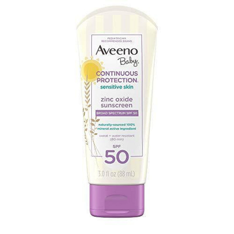 Aveeno Aveeno Baby Continuous Protection Zinc Oxide Mineral Sunscreen Lotion For Sensitive Skin, Broad Spectrum SPF 50, Tear-Free, Sweat- & Water-Resistant, Paraben-Free, Travel-Size, 3 Fl. Oz Sunscreen White Smoke