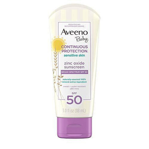 Aveeno Aveeno Baby Continuous Protection Zinc Oxide Mineral Sunscreen Lotion For Sensitive Skin, Broad Spectrum SPF 50, Tear-Free, Sweat- & Water-Resistant, Paraben-Free, Travel-Size, 3 Fl. Oz Sunscreen White Smoke