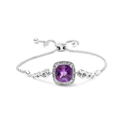 Bids.com .925 Sterling Silver 10mm Cushion Cut Amethyst Gemstone and Diamond Accent Lariat 4â€-10â€ Adjustable Bolo Bracelet (H-I Color, SI1-SI2 Clarity) Bracelets White Smoke White.Sterling Silver / 7