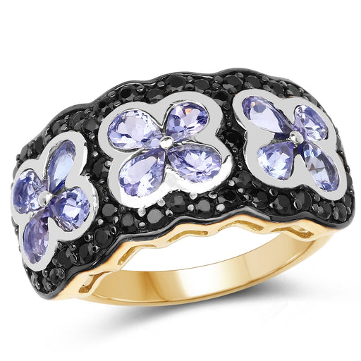 Bids.com 14K Yellow Gold Plated 2.60 Carat Genuine Tanzanite and Black Spinel .925 Sterling Silver Ring Rings White Smoke size 6.00,size 7.00,size 8.00,size 9.00