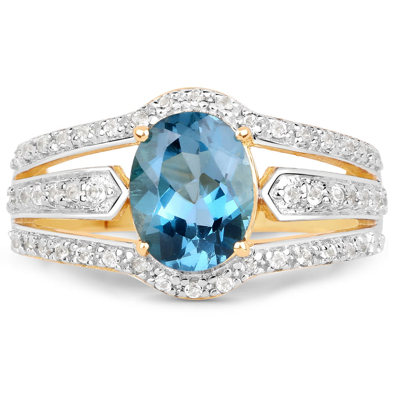 Bids.com 14K Yellow Gold Plated 2.30 Carat Genuine London Blue Topaz and White Topaz .925 Sterling Silver Ring Rings White Smoke size 7.00,size 6.00,size 8.00,size 9.00