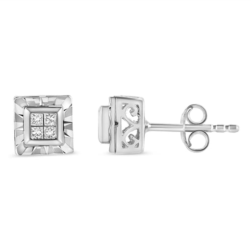 Bids.com .925 Sterling Silver 1/6 Cttw Invisible Set Princess-Cut Diamond Quad Composite Stud Earrings (H-I Color, I1-I2 Clarity) Earrings White Smoke White.Sterling Silver / 0.15