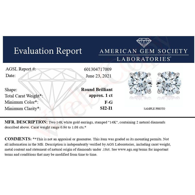 Bids.com AGS Certified 14K White Gold 1.0 Cttw 4-Prong Set Brilliant Round-Cut Solitaire Diamond Push Back Stud Earrings (F-G Color, SI2-I1 Clarity) Earrings White Smoke White.Gold / 1