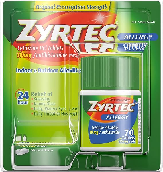 Zyrtec 24 Hour Allergy Relief Tablets, 10 mg Cetirizine HCl Antihistamine Allergy Medicine, 70 ct