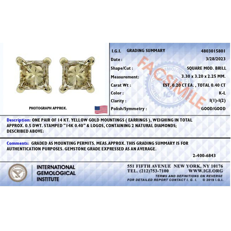 Bids.com IGI Certified 3/8 Cttw Princess-Cut Square Diamond 4-Prong Solitaire Stud Earrings in 14K Yellow Gold (K-L Color, I1-I2 Clarity) Earrings White Smoke Yellow.Gold / 0.4