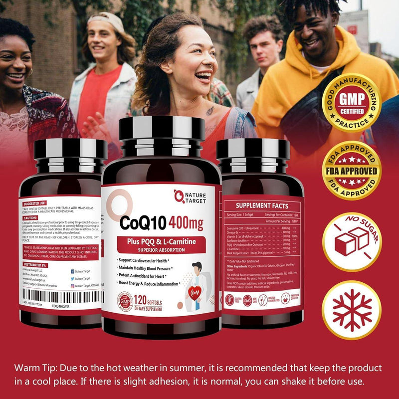 Nature Target CoQ10 + PQQ + L-Carnitine, 400mg, 120 Softgels CoQ10 Brown