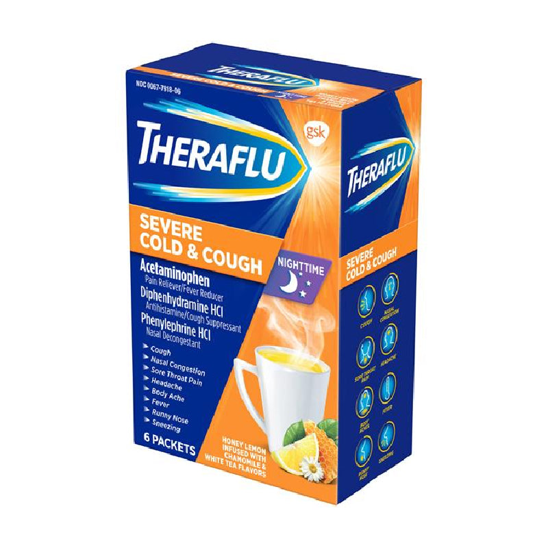 Theraflu Theraflu Severe Cold & Cough Powder Packets Nighttime Honey Lemon Infused With Chamomile & White Tea Flavors Health & Beauty White Smoke