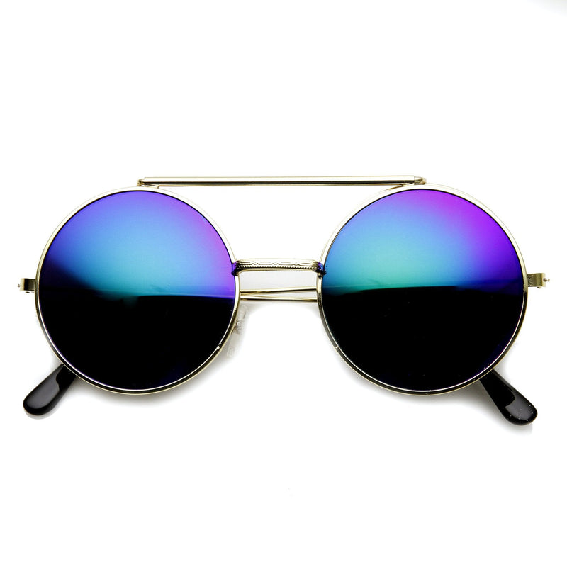 zeroUV Steampunk Mirrored Lens Round Circle Flip Up Frame Sunglasses 8794 Sunglasses White Smoke Gold Midnight