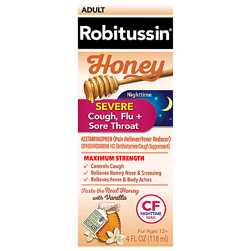 Robitussin Robitussin Adult Maximum Strength Honey Nighttime Severe Cough, Flu + Sore Throat 4 Fl Oz Box Personal Care Black