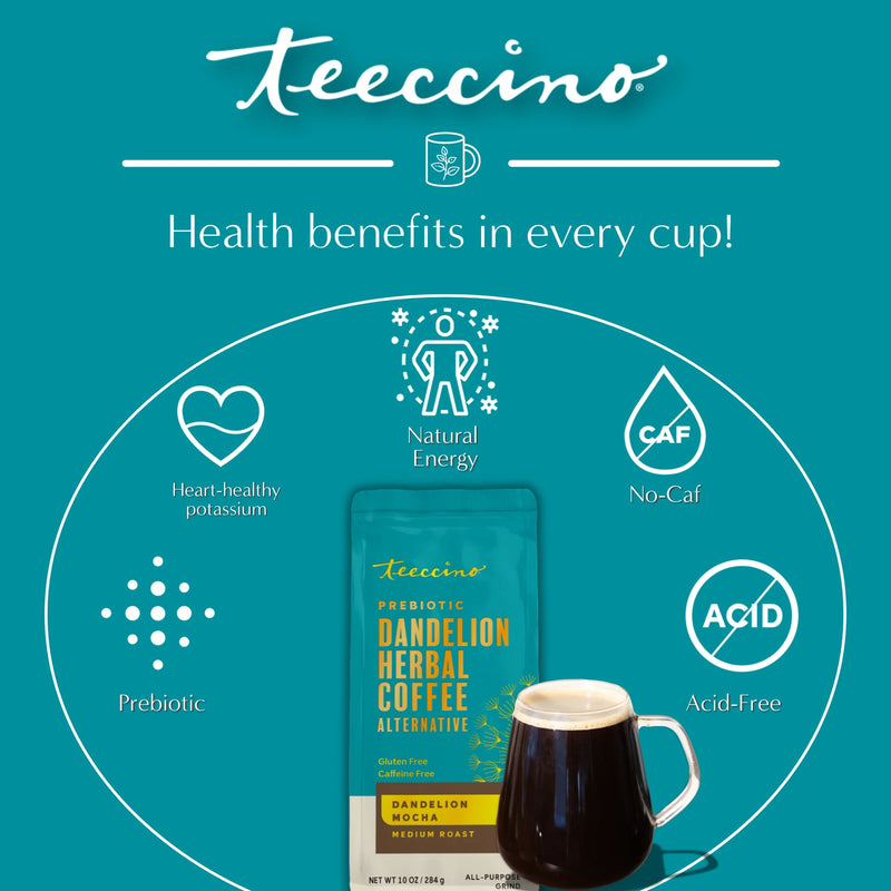 Teeccino Dandelion Mocha Herbal Coffee Herbal Coffee Dark Cyan 10 ounce ground,5lb ground,Trial Size