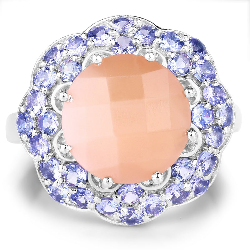 Bids.com 7.20 Carat Genuine Peach Moonstone and Tanzanite .925 Sterling Silver Ring Rings White Smoke size 7.00,size 8.00,size 9.00,size 6.00