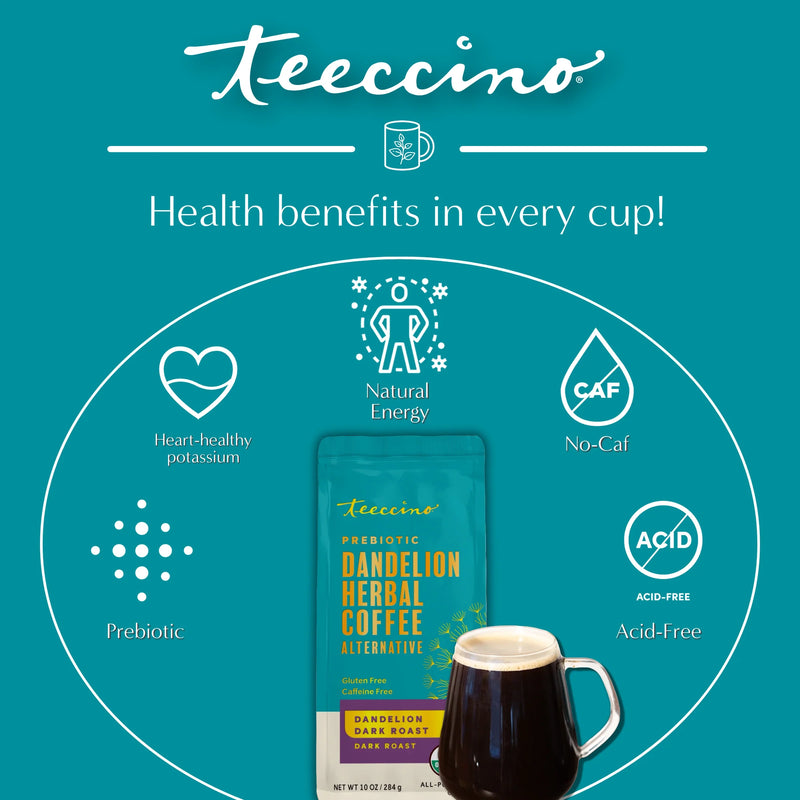 Teeccino Dandelion Dark Roast Herbal Coffee Herbal Coffee Dark Cyan 10 ounce ground,500g ground,5lb ground,Trial Size