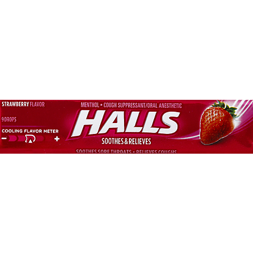 Halls Halls Relief Strawberry Flavor Cough Suppressant & Oral Anesthetic Drops 9 Ct Pack Personal Care Dark Red