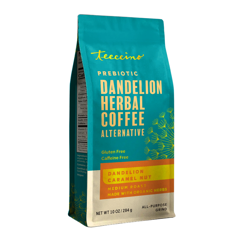 Teeccino Dandelion Caramel Nut Chicory Herbal Coffee Herbal Coffee Dark Cyan 10 ounce ground