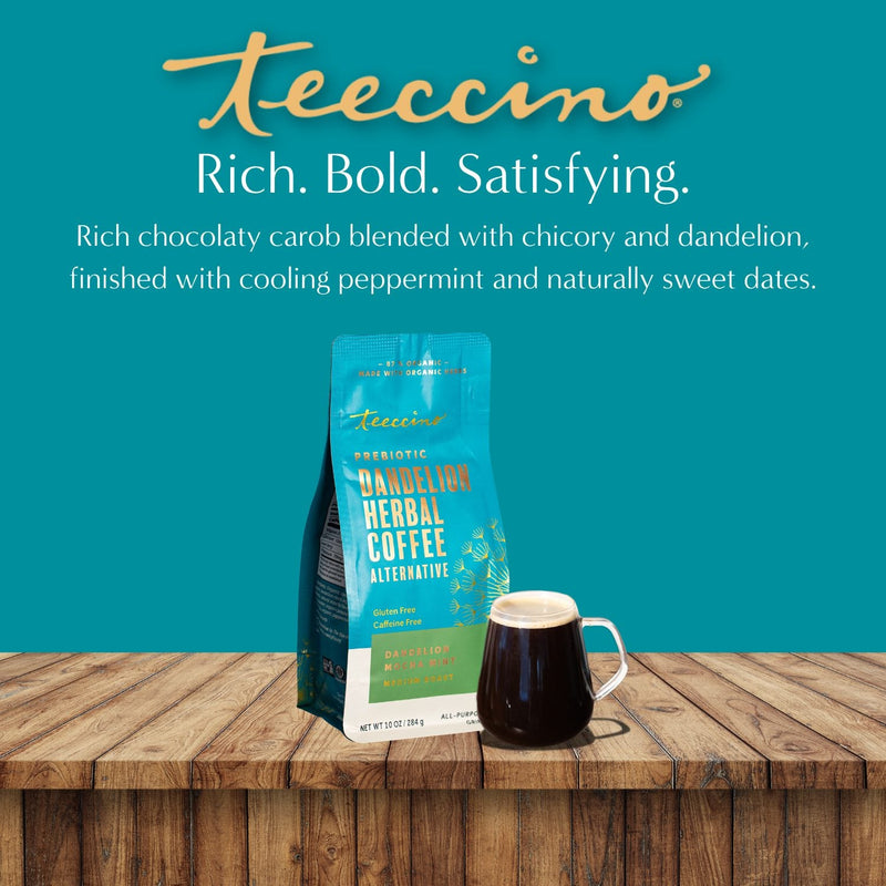Teeccino Dandelion Mocha Mint Herbal Coffee Herbal Coffee Dark Cyan 10 ounce ground,5lb ground,Trial Size