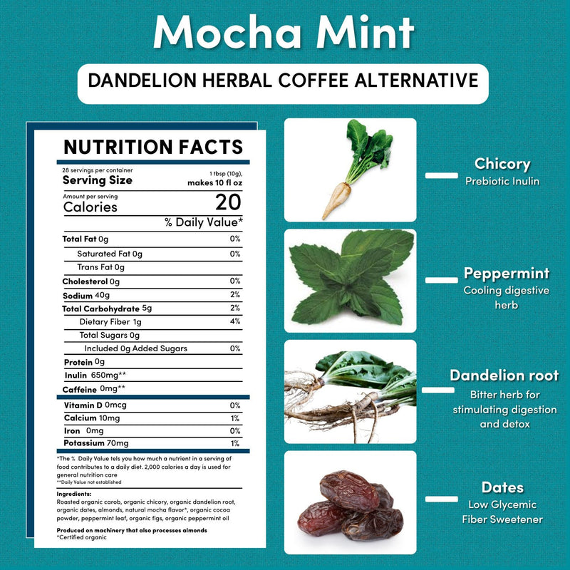 Teeccino Dandelion Mocha Mint Herbal Coffee Herbal Coffee White Smoke 10 ounce ground,5lb ground,Trial Size