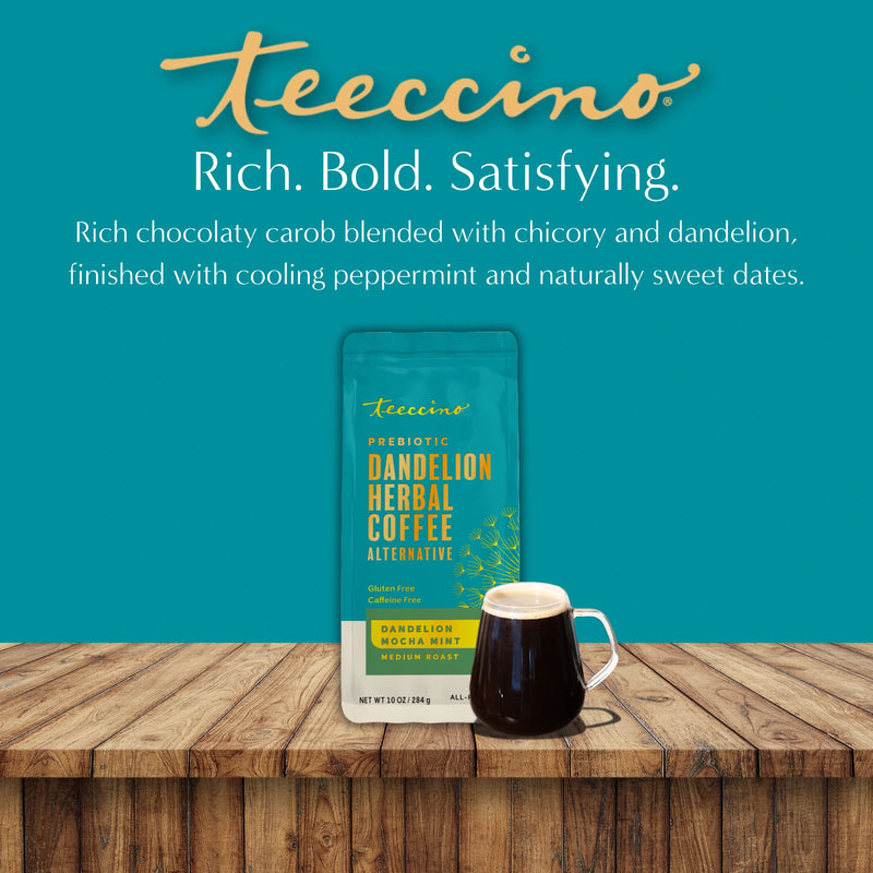 Teeccino Dandelion Mocha Mint Herbal Coffee Herbal Coffee Dark Cyan 10 ounce ground,5lb ground,Trial Size