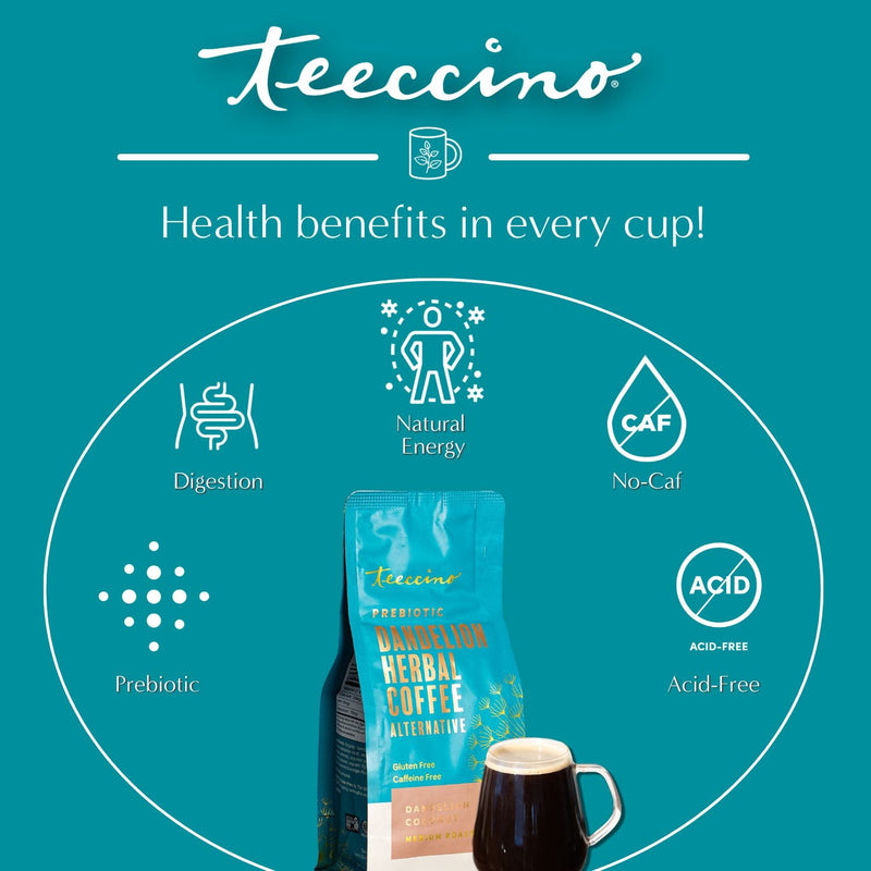 Teeccino Dandelion Coconut Herbal Coffee Herbal Coffee Dark Cyan 10 ounce ground,Trial Size,5lb ground
