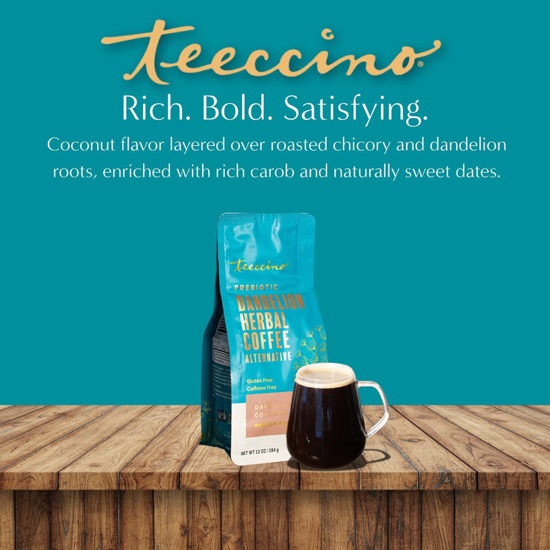 Teeccino Dandelion Coconut Herbal Coffee Herbal Coffee Dark Cyan 10 ounce ground,Trial Size,5lb ground