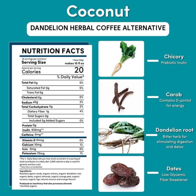 Teeccino Dandelion Coconut Herbal Coffee Herbal Coffee Dark Cyan 10 ounce ground,Trial Size,5lb ground