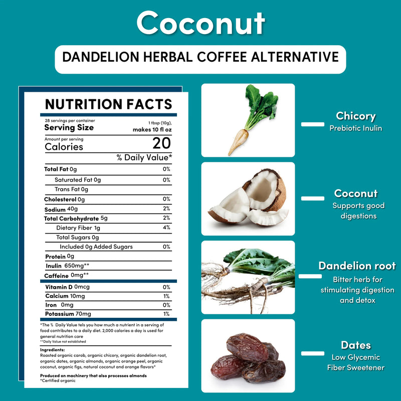 Teeccino Dandelion Coconut Herbal Coffee Herbal Coffee Dark Cyan 10 ounce ground,Trial Size,5lb ground