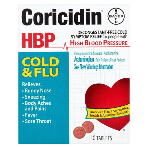 Coricidin Coricidin HBP Cold & Flu Relief, Decongestant-Free Tablets, 10 ct Medicine & Drugs White Smoke