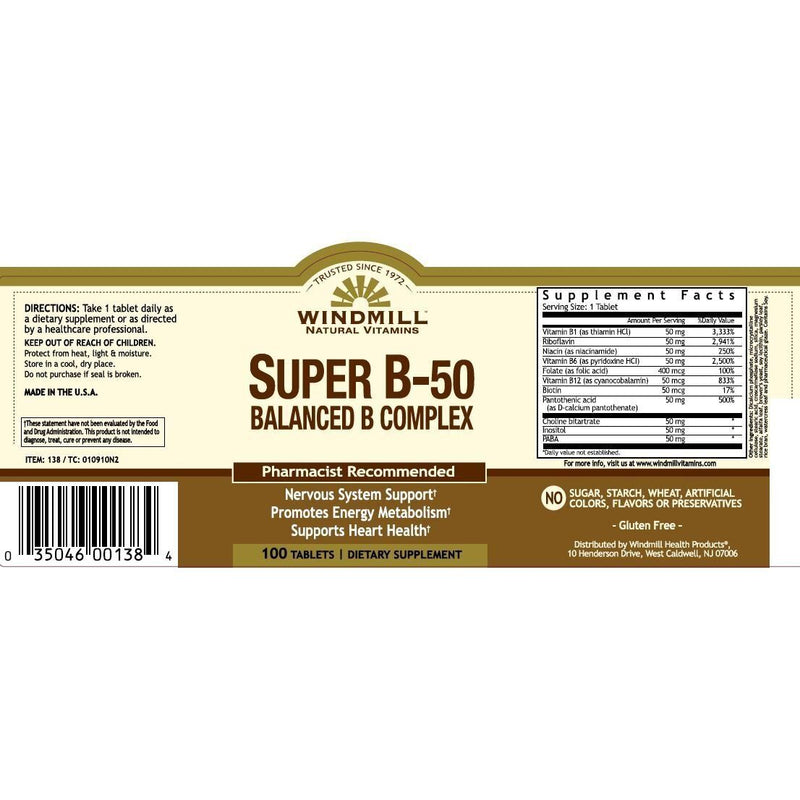 Windmill Windmill Super B50 Balanced B Complex Vitamin Tablets 100ct Vitamins & Supplements Beige