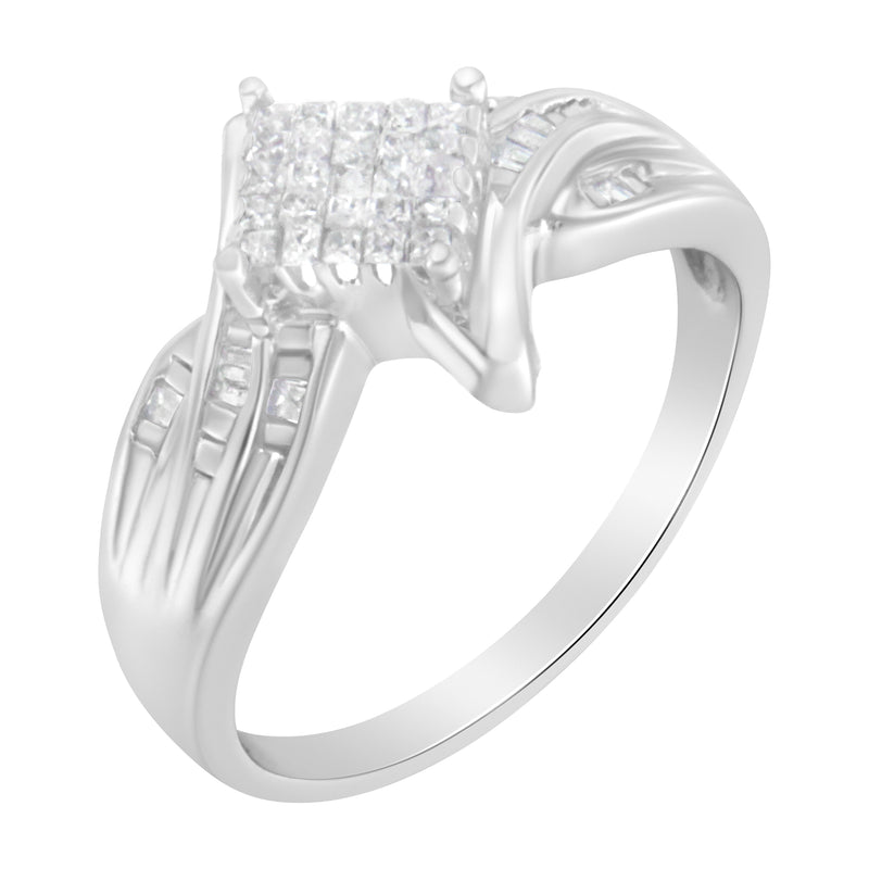 Bids.com 10K White Gold 1/3 Cttw Princess and Baguette Cut Diamond Bypass Style Cocktail Ring (I-J Color, I1-I2 Clarity) - Size 4 Rings White Smoke 7 / White.Gold,9 / White.Gold,8 / White.Gold,6 / White.Gold,5 / White.Gold,4 / White.Gold