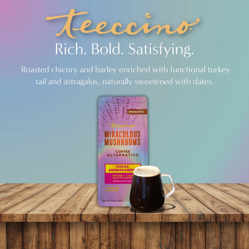 Teeccino Chaga Ashwagandha Butterscotch Cream Mushroom Herbal Coffee Herbal Coffee Dark Gray 10 ounce ground,5lb ground,Trial Size