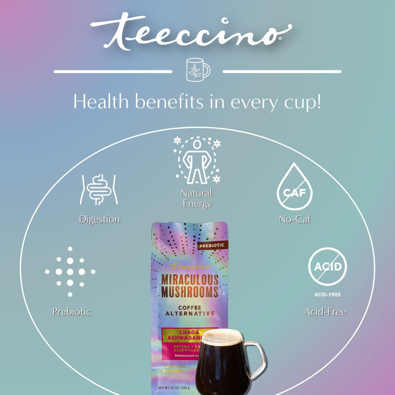 Teeccino Chaga Ashwagandha Butterscotch Cream Mushroom Herbal Coffee Herbal Coffee Dark Gray 10 ounce ground,5lb ground,Trial Size