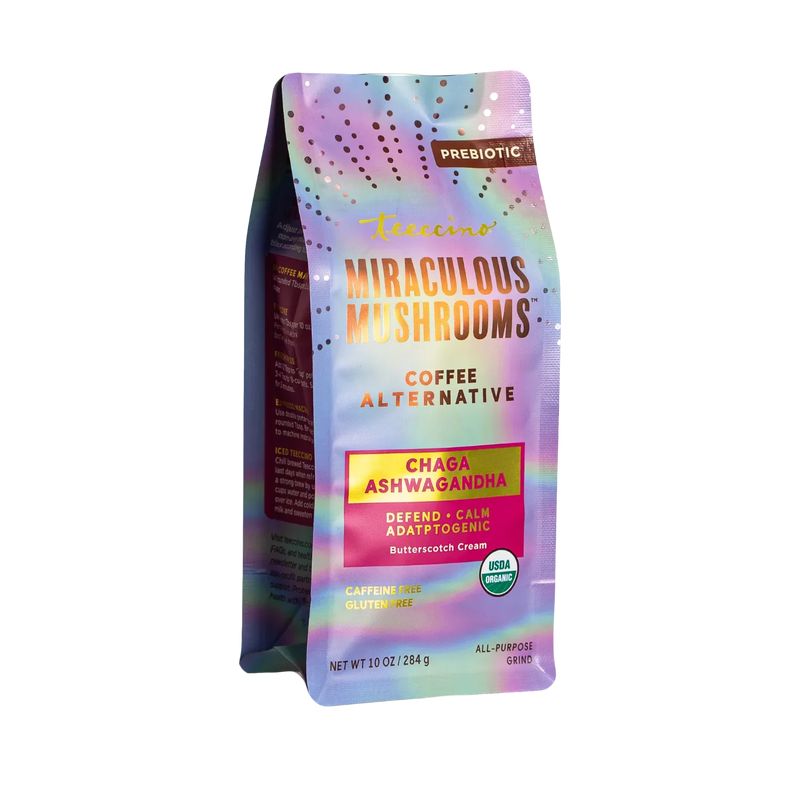 Teeccino Chaga Ashwagandha Butterscotch Cream Mushroom Herbal Coffee Herbal Coffee Black 10 ounce ground,5lb ground,Trial Size