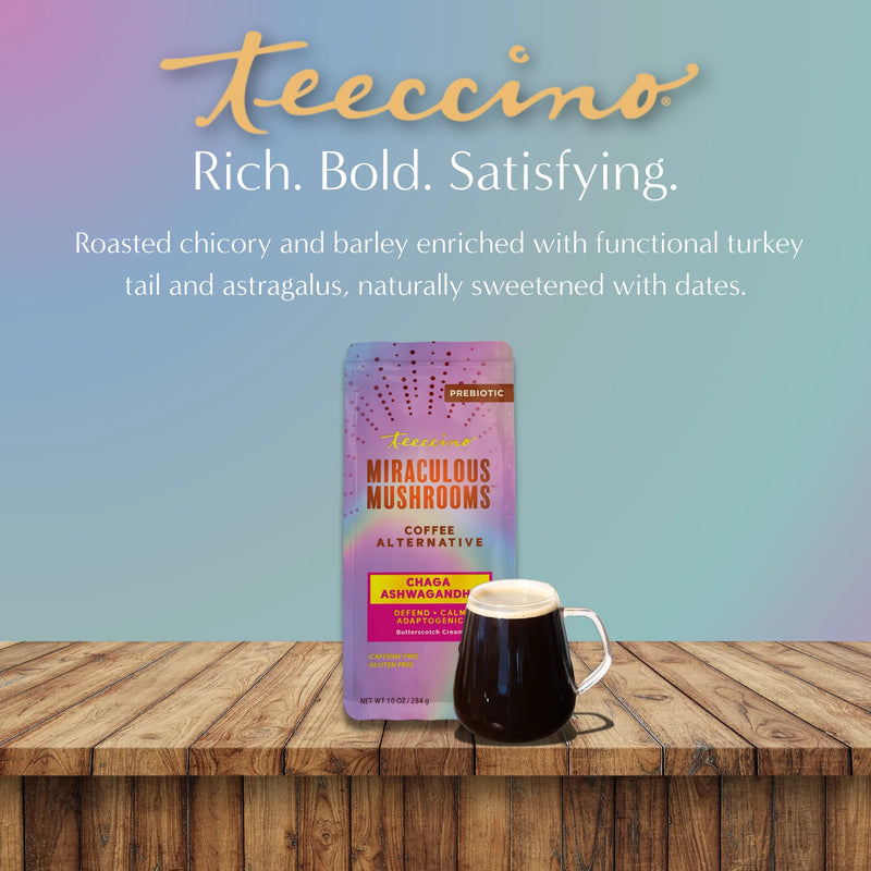 Teeccino Chaga Ashwagandha Butterscotch Cream Mushroom Herbal Coffee Herbal Coffee Dark Gray 10 ounce ground,5lb ground,Trial Size
