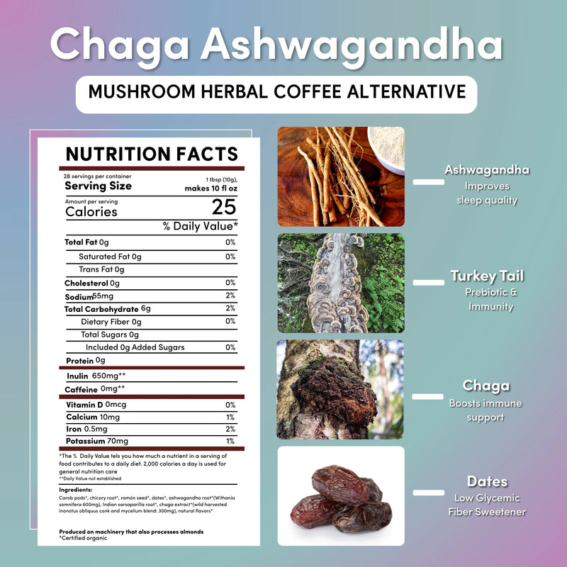 Teeccino Chaga Ashwagandha Butterscotch Cream Mushroom Herbal Coffee Herbal Coffee Dark Gray 10 ounce ground,5lb ground,Trial Size
