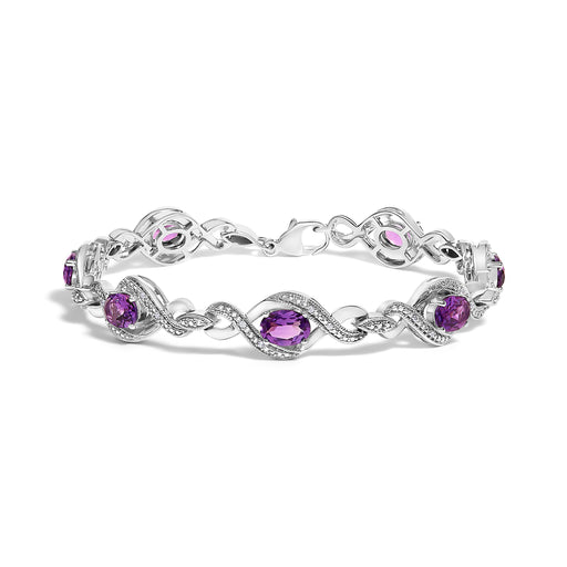 Bids.com .925 Sterling Silver 1/10 Cttw Natural Round Diamond and 7X5MM Oval Amethyst Cross Tennis Bracelet (I-J Color, I1-I2 Clarity) - 7" Bracelets White Smoke White.Sterling Silver / 7