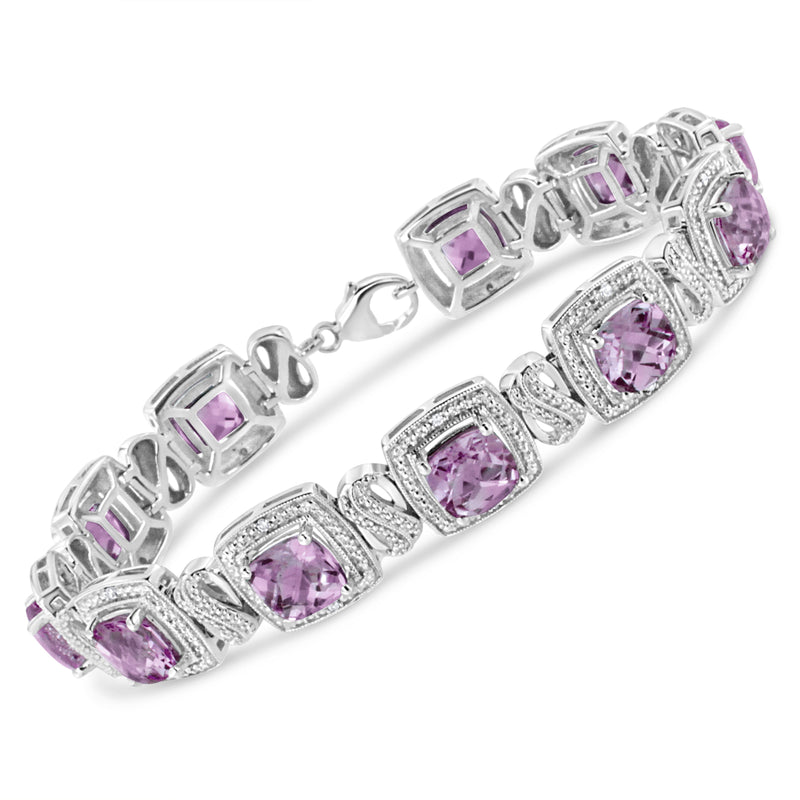 Bids.com .925 Sterling Silver 7x7 mm Cushion Cut Purple Amethyst and 1/10 cttw Round Cut Diamond Square Shape Tennis Bracelet (I-J Color, I1-I2 Clarity) - 7" Bracelets White Smoke White.Sterling Silver / 7