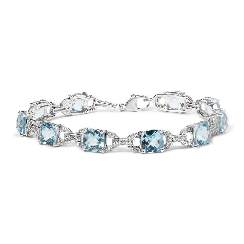 Bids.com .925 Sterling Silver 7x7 mm Cushion Cut Blue Topaz and 1/20 cttw Round Cut Diamond Fashion Tennis Bracelet (I-J Color, I1-I2 Clarity) - 7" Bracelets White Smoke White.Sterling Silver / 7