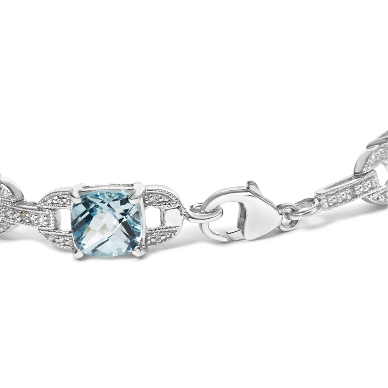 Bids.com .925 Sterling Silver 7x7 mm Cushion Cut Blue Topaz and 1/20 cttw Round Cut Diamond Fashion Tennis Bracelet (I-J Color, I1-I2 Clarity) - 7" Bracelets White Smoke White.Sterling Silver / 7