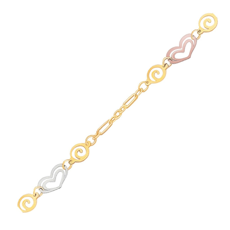 Bids.com 14k Tri-Color Gold Anklet with Multi Color Heart Stations Accessories White Smoke 10 / Tri-Color Gold