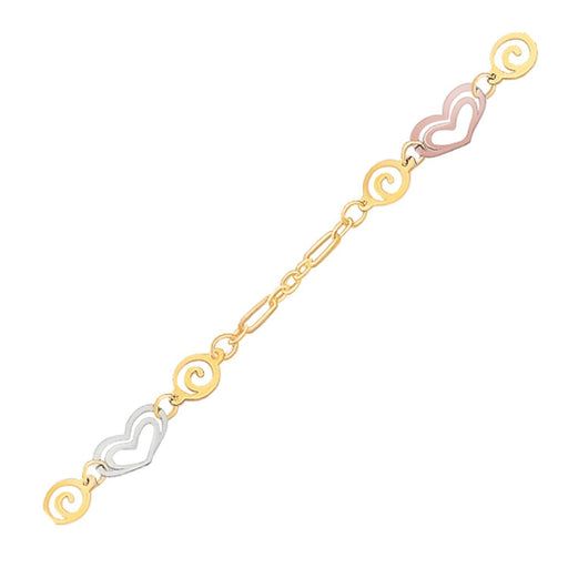 Bids.com 14k Tri-Color Gold Anklet with Multi Color Heart Stations Accessories White Smoke 10 / Tri-Color Gold