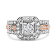 Bids.com 14K White and Rose Gold 1 1/8 Cttw Princess and Round-Cut Diamond Art Deco Style Triple Shank Halo Cocktail Ring (I-J Color, SI2-I1 Clarity) - Size 7 Rings White Smoke 7 / WhiteRose.Gold,4.5 / WhiteRose.Gold