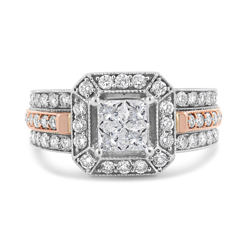 Bids.com 14K White and Rose Gold 1 1/8 Cttw Princess and Round-Cut Diamond Art Deco Style Triple Shank Halo Cocktail Ring (I-J Color, SI2-I1 Clarity) - Size 7 Rings White Smoke 7 / WhiteRose.Gold,4.5 / WhiteRose.Gold
