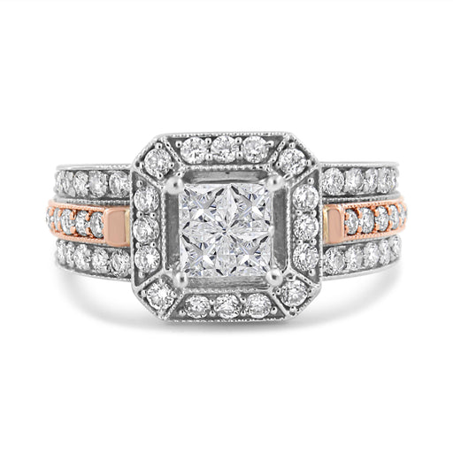 Bids.com 14K White and Rose Gold 1 1/8 Cttw Princess and Round-Cut Diamond Art Deco Style Triple Shank Halo Cocktail Ring (I-J Color, SI2-I1 Clarity) - Size 7 Rings White Smoke 7 / WhiteRose.Gold,4.5 / WhiteRose.Gold