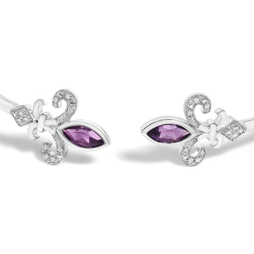 Bids.com .925 Sterling Silver 8X4MM Marquise Purple Amethyst and Diamond Accent Fleur Di Lis Open Cuff Bangle (I-J Color, I1-I2 Clarity) - 7" Bracelets White Smoke White.Sterling Silver / 7