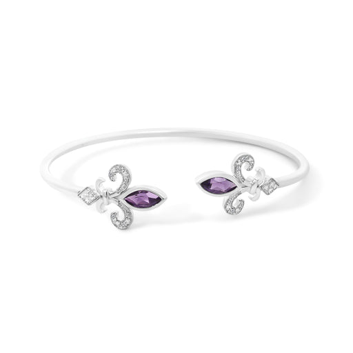Bids.com .925 Sterling Silver 8X4MM Marquise Purple Amethyst and Diamond Accent Fleur Di Lis Open Cuff Bangle (I-J Color, I1-I2 Clarity) - 7" Bracelets White Smoke White.Sterling Silver / 7