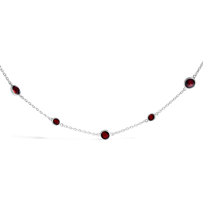 Bids.com .925 Sterling Silver Checkerboard Cut Red Garnet Bezel Station Necklace - 22" Inches Necklaces White Smoke White.Sterling Silver / 22