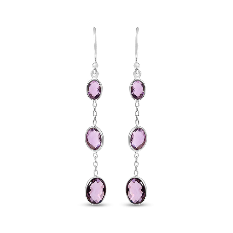 Bids.com .925 Sterling Silver Checkerboard Cut Oval Purple Amethyst 2" Inch Drop and Dangle Earrings Earrings White Smoke White.Sterling Silver