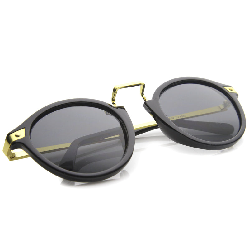 zeroUV Vintage Steampunk Inspired Round Horned Rim Frame Sunglasses 8591 Sunglasses White Smoke Shiny Black Gold,Shiny Black Silver,Matte Black Silver,Havana Amber,Havana Green,Creme Amber,Blue Plum,Blue Mirror,Yellow Tortoise Sun