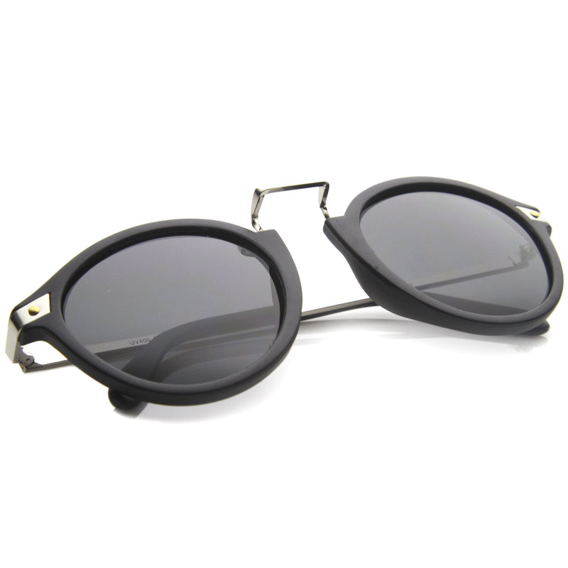 zeroUV Vintage Steampunk Inspired Round Horned Rim Frame Sunglasses 8591 Sunglasses White Smoke Shiny Black Gold,Shiny Black Silver,Matte Black Silver,Havana Amber,Havana Green,Creme Amber,Blue Plum,Blue Mirror,Yellow Tortoise Sun